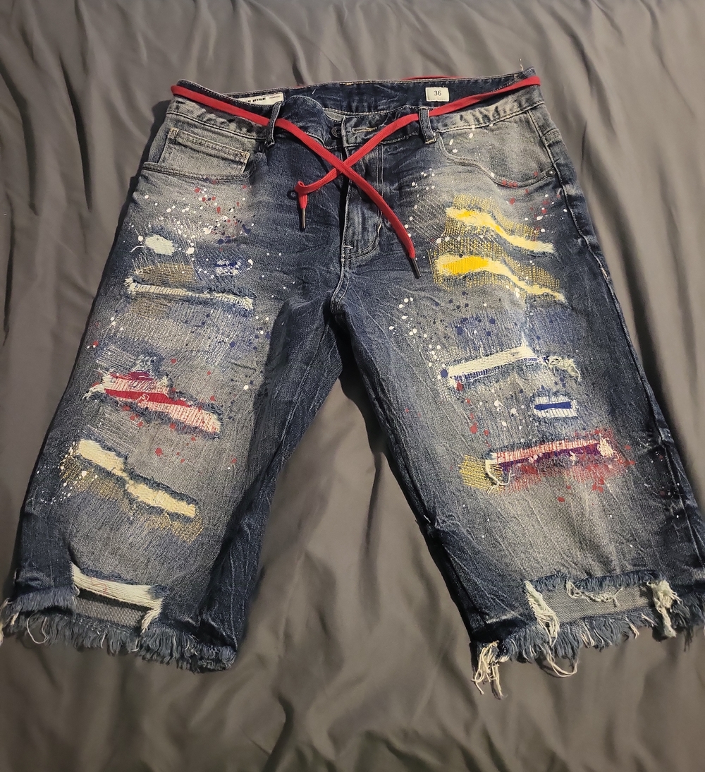 Men's Blue Distressed Paint-Splash Denim Jean Shorts with Red Drawstring